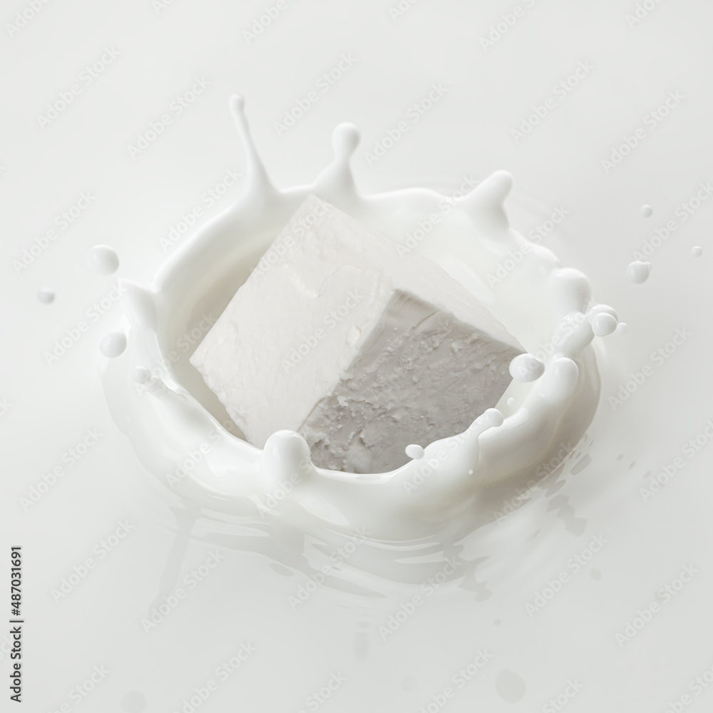 Feta, Greek cheese cube falls into milk, yoghurt, sour cream, Splash Feta, Greek cheese cube falls into milk, yoghurt, sour cream, Splash