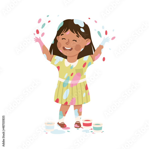 Little Girl Smeared in Paints Throwing Splashes Vector Illustration
