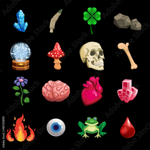 Witchcraft set magic object scull, heart, crystal, ball, eye, clover, mushroom, brain, frog. Vector illustration cartoon style