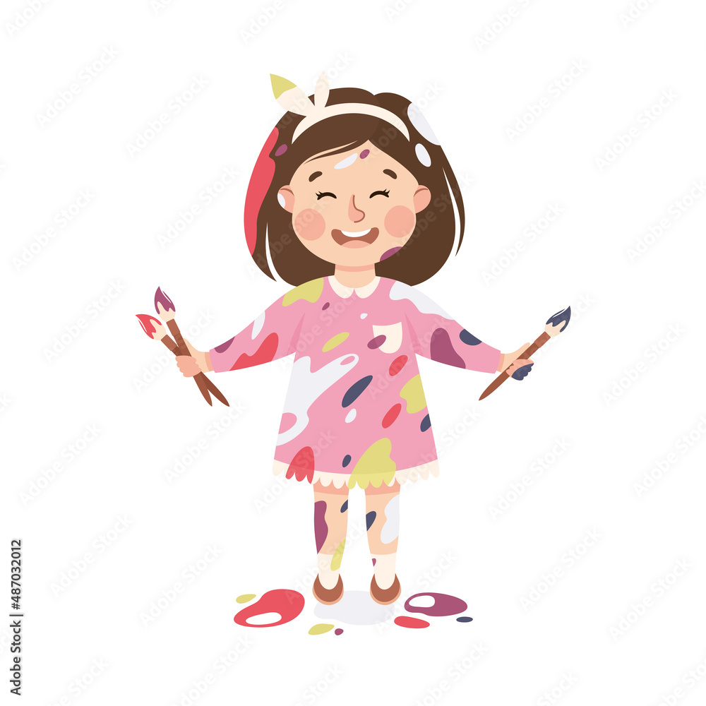 Little Girl Smeared in Paints Holding Artist Brush Vector Illustration Little Girl Smeared in Paints Holding Artist Brush Vector Illustration