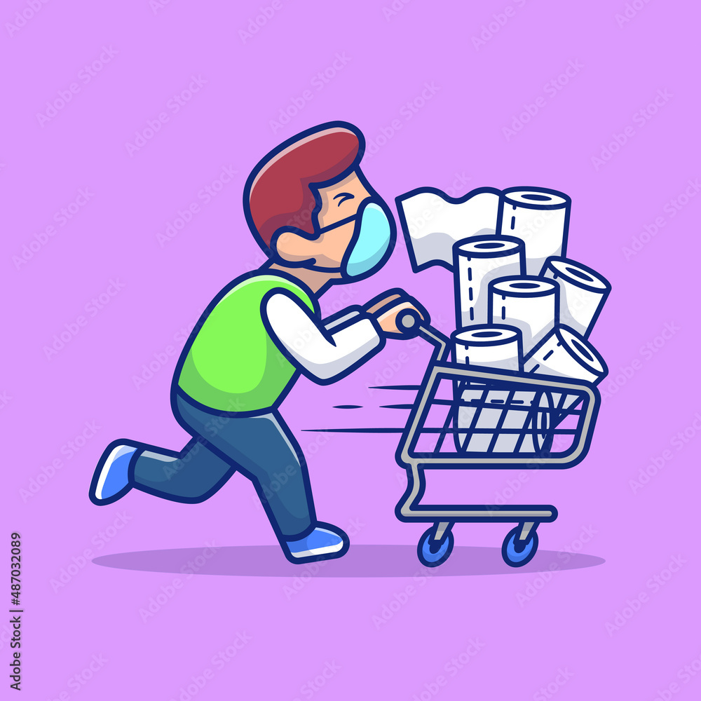 Masked Man Pushing Trolley With Tissue Cartoon Vector Icon Illustration. People Virus Icon Concept Isolated Premium Vector. Flat Cartoon Style
