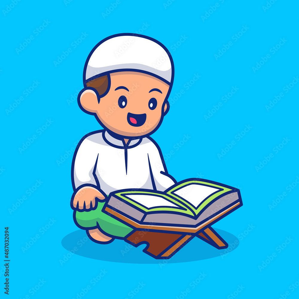 Boy Sitting And Reading Quran Cartoon Vector Icon Illustration. People Relgion Icon Concept Isolated Premium Vector. Flat Cartoon Style