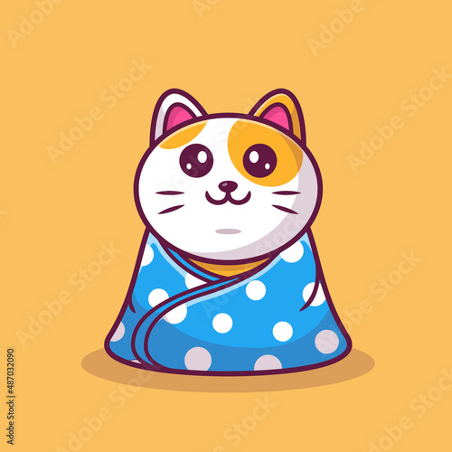 Cute Cat Sitting Wearing Blanket Cartoon Vector Icon Illustration. Animal Icon Concept Isolated Premium Vector. Flat Cartoon Style