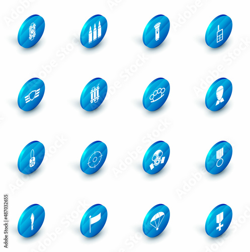 Set Bullet, Flashlight, Walkie talkie, Military reward medal, dog tag, Detonate dynamite bomb stick, Aviation and Brass knuckles icon. Vector