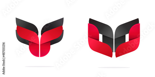 Abstract dragon creative logo and eagle or owl animal eyes bird face geometric sign vector or modern technology robot insect head logotype design red black color, bold and strong transformer symbol