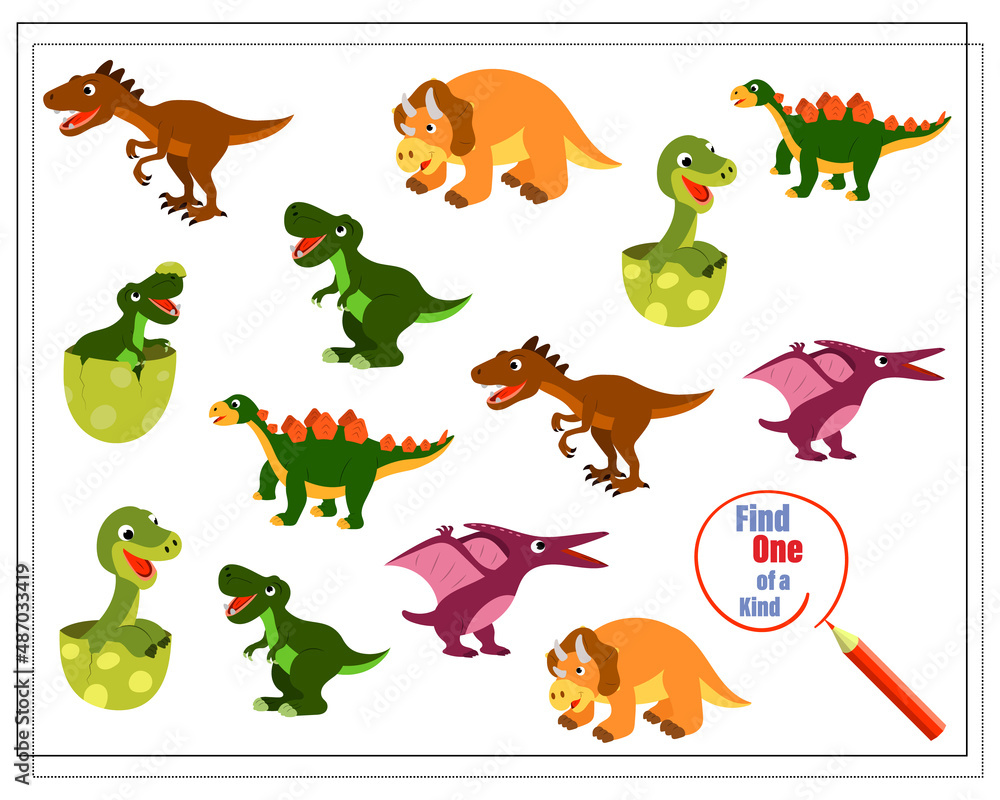 Naklejka premium Children's logic game find the one of a kind. Dinosaurs and their children. Vector