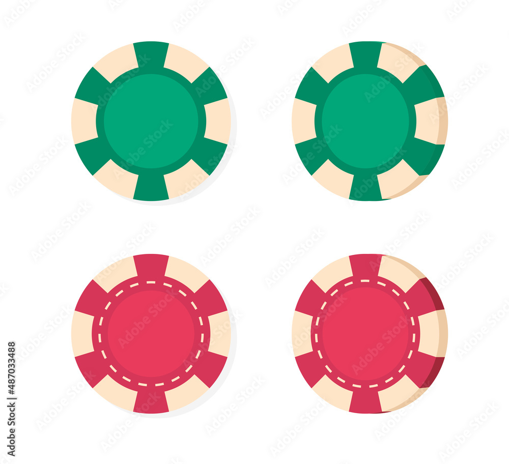Chips casino vector or poker gambling coins red and green color icon flat cartoon design, bet game money blank empty editable template isolated on white background Chips casino vector or poker gambling coins red and green color icon flat cartoon design, bet game money blank empty editable template isolated on white background