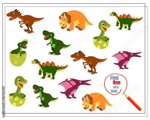 Children s logic game find the one of a kind. Dinosaurs and their children. Vector
