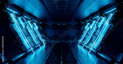 Fototapeta Naklejka Na Ścianę i Meble -  Blue spaceship interior with neon lights on panel walls. Futuristic corridor in space station background. 3d rendering