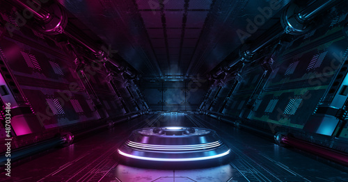 Blue and pink spaceship interior with projector. Futuristic corridor in space station with glowing neon lights background. 3d rendering