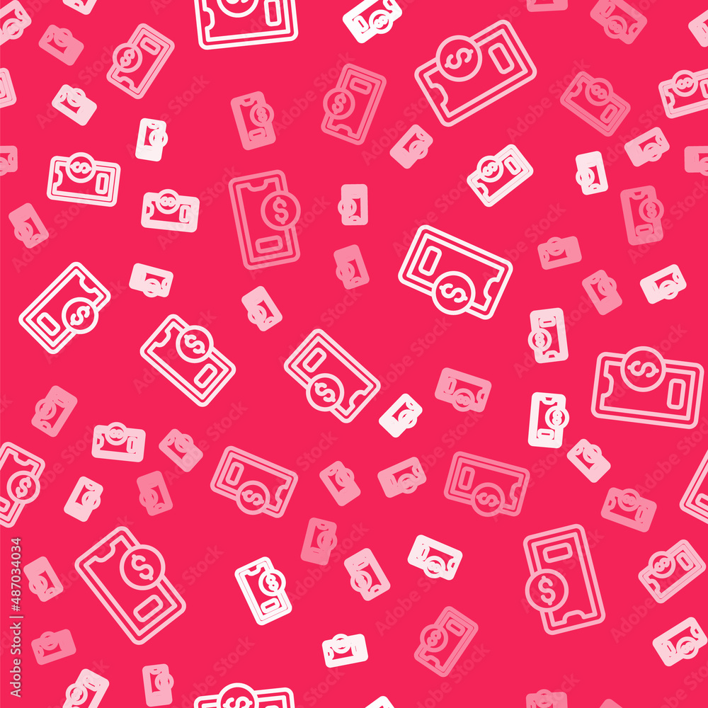 White line Smartphone with dollar symbol icon isolated seamless pattern on red background. Online shopping concept. Financial mobile phone icon. Online payment. Vector White line Smartphone with dollar symbol icon isolated seamless pattern on red background. Online shopping concept. Financial mobile phone icon. Online payment. Vector
