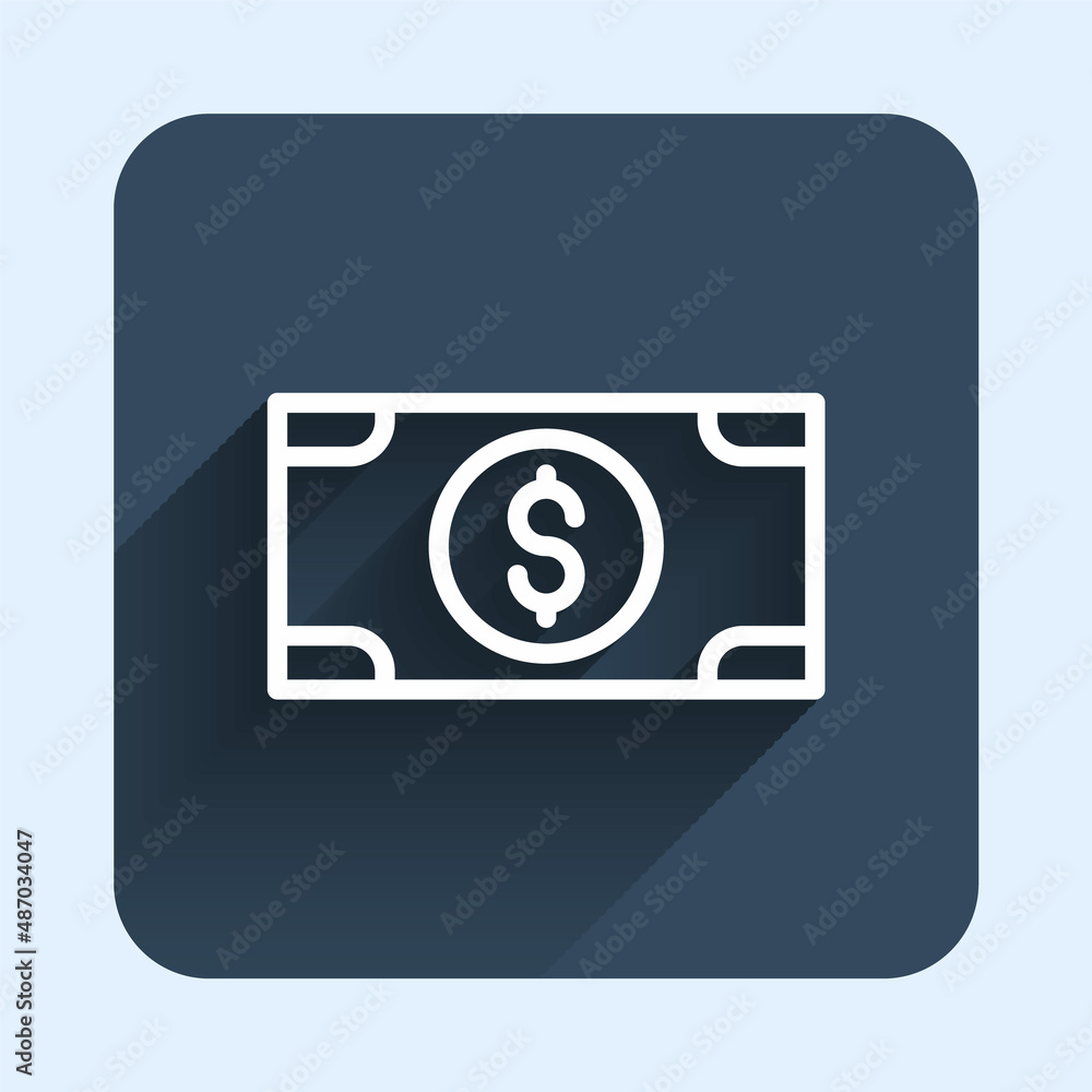 White line Stacks paper money cash icon isolated with long shadow background. Money banknotes stacks. Bill currency. Blue square button. Vector White line Stacks paper money cash icon isolated with long shadow background. Money banknotes stacks. Bill currency. Blue square button. Vector