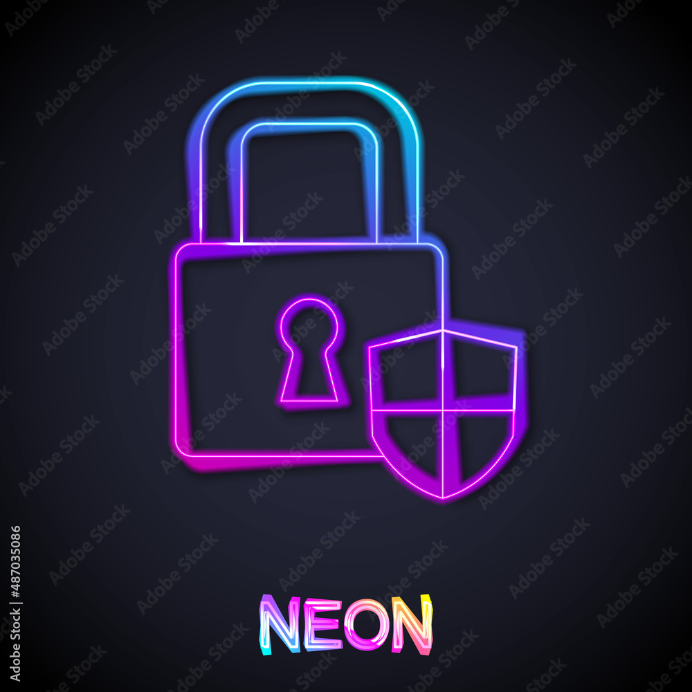 Glowing neon line Shield security with lock icon isolated on black background. Protection, safety, password security. Firewall access privacy sign. Vector Glowing neon line Shield security with lock icon isolated on black background. Protection, safety, password security. Firewall access privacy sign. Vector