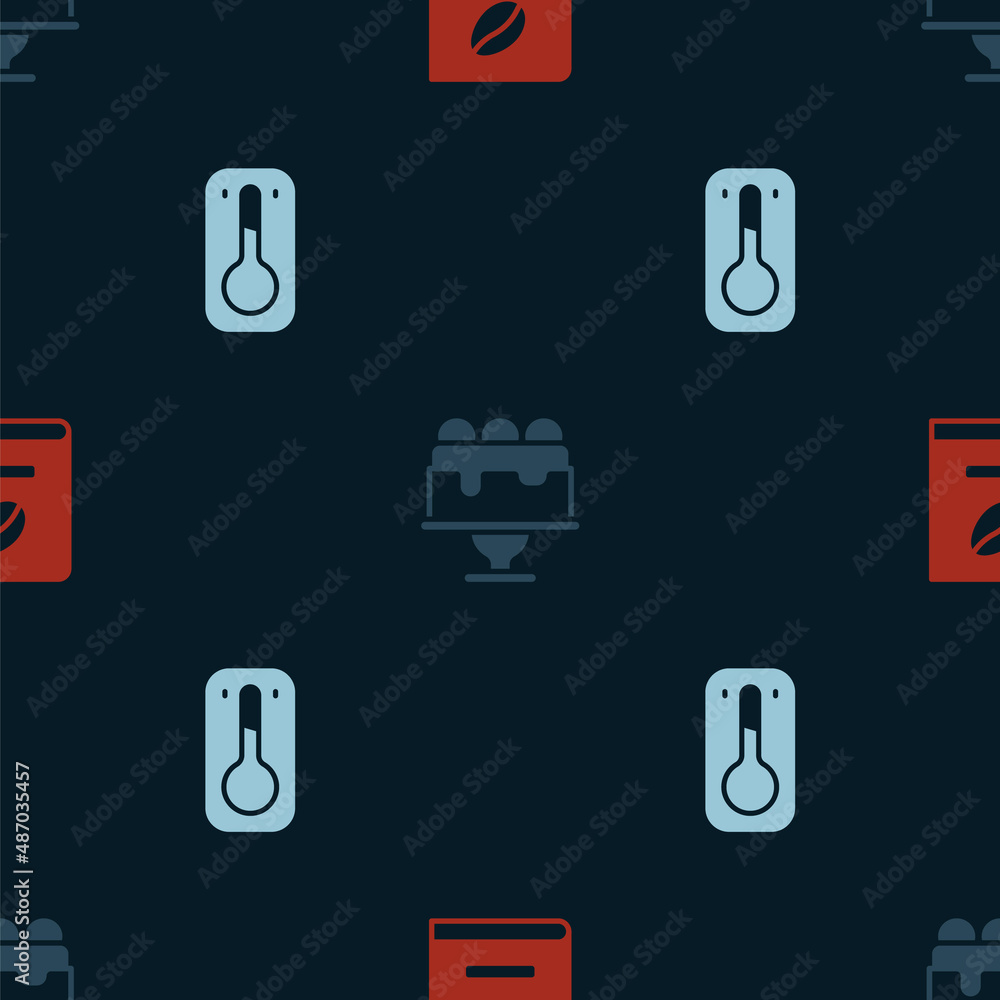 Set Coffee book, Cake and thermometer on seamless pattern. Vector Set Coffee book, Cake and thermometer on seamless pattern. Vector