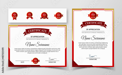 Premium certificate of achievement template, gold and red color.
