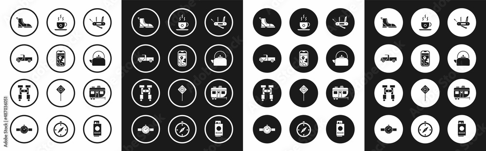 Set Swiss army knife, City map navigation, Pickup truck, Hiking boot, Kettle with handle, Coffee cup, Rv Camping trailer and Binoculars icon. Vector
