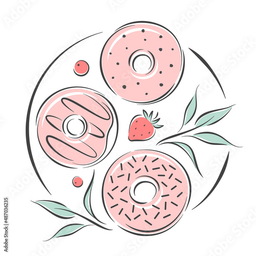 Donuts and berries logo. Pastry and bread shop.  Vector illustration for menu, recipe book, baking shop, cafe.
