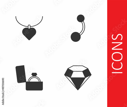 Set Diamond, Necklace with heart shaped, engagement ring in box and Piercing icon. Vector