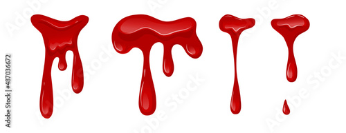 Dripping blood set on transparent background. Flowing red liquid, red viscous slime. Vector cartoon illustration.