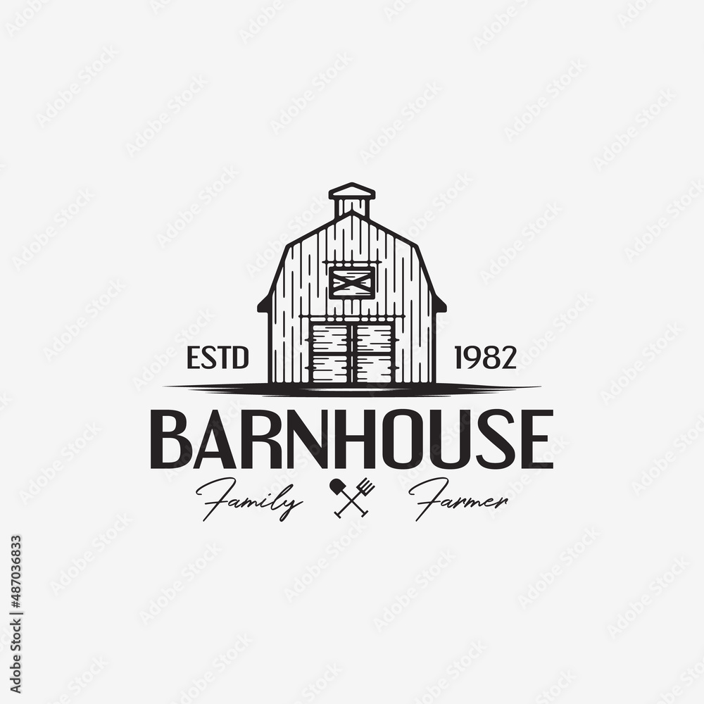 Barn Vintage Logo Design Illustration Vector - Farmhouse,warehouse,barn vintage retro logo template