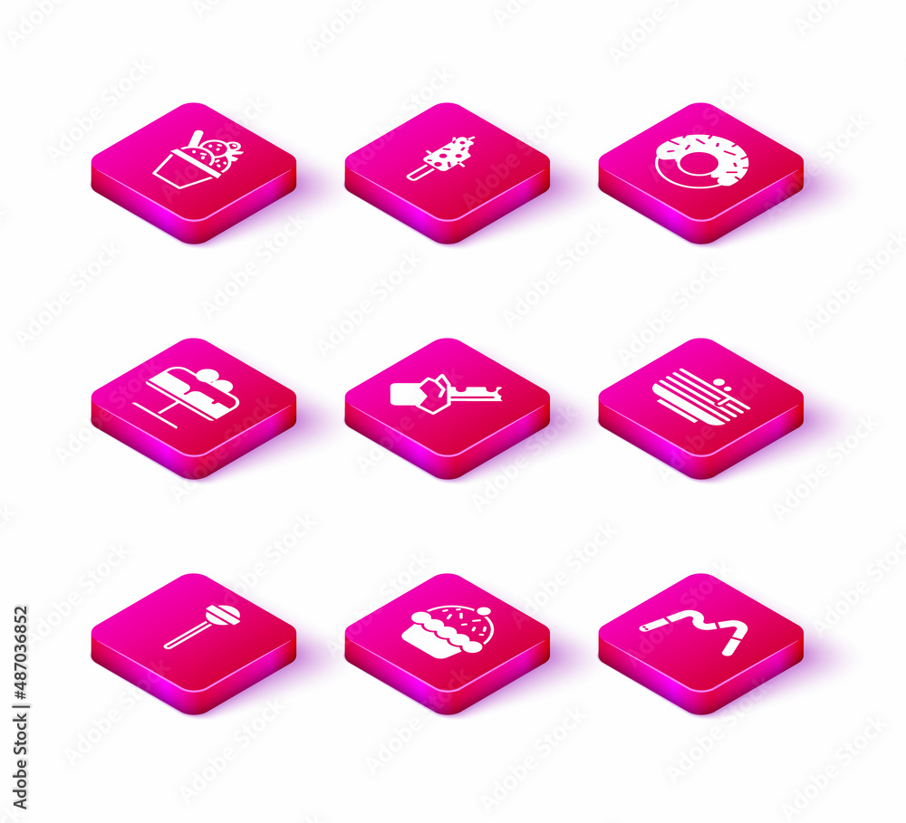 Set Lollipop, Cupcake, Cake on plate, Bitten chocolate bar, Jelly worms candy, Stack of pancakes, Donut and Ice cream icon. Vector Set Lollipop, Cupcake, Cake on plate, Bitten chocolate bar, Jelly worms candy, Stack of pancakes, Donut and Ice cream icon. Vector