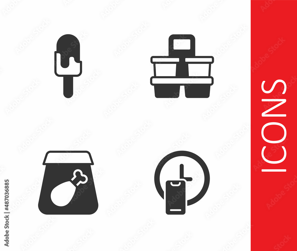 Set Round the clock delivery, Ice cream, Online ordering meal and Coffee cup to go icon. Vector Set Round the clock delivery, Ice cream, Online ordering meal and Coffee cup to go icon. Vector