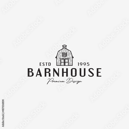 Rustic Retro Vintage Classic Wooden Barn logo design - Vintage Line Art Barn, Warehouse - barn wood building house farm cow cattle