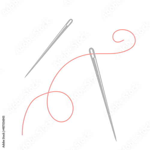 Sewing needle with thread. Color vector illustration on white background. Port needle set. For logo or icon design, for sewing kit design