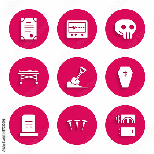 Set Shovel in the ground, Metallic nails, Crematorium, Coffin with cross, Grave tombstone, Dead body morgue, Skull and Death certificate icon. Vector