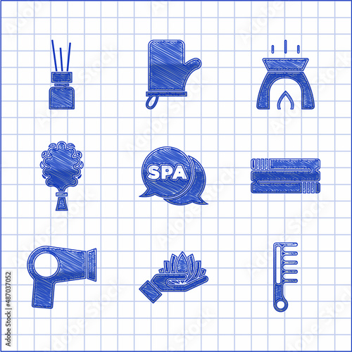 Set Spa salon, Lotus flower, Hairbrush, Towel stack, dryer, Sauna broom, Aroma candle and diffuser icon. Vector