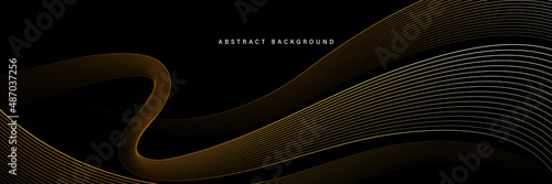 Abstract glowing golden wave lines on black horizontal background. Luxury and elegant gold flow lines element. Modern simple line art creative design. Suit for poster, cover, banner, brochure, flyer