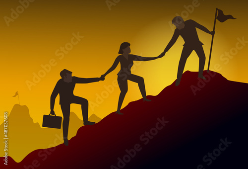 Teamwork in business with groups that help each other climb mountains and achieve their goals. A symbol of teamwork concept. vector