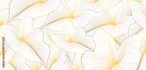 Golden tropical caladium leaf line arts pattern. Exotic nature background vector. Luxury and elegant hand drawn botanical graphic elements. Caladium leaves texture. Vector illustration