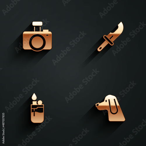 Set Photo camera, Hunter knife, Lighter and Hunting dog icon with long shadow. Vector