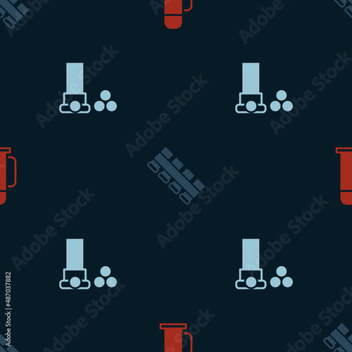 Set Thermos container, Hunting cartridge belt and Cartridges on seamless pattern. Vector