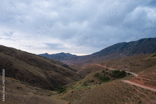 Beautiful off-road trail canyon among mountains. The road to Bartogay reservoir from Assy plateau.