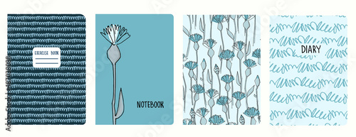 Cover page templates based on patterns with cornflowers, plaid, abstract spots. Backgrounds for notebooks, notepads, diaries. Headers isolated, replaceable