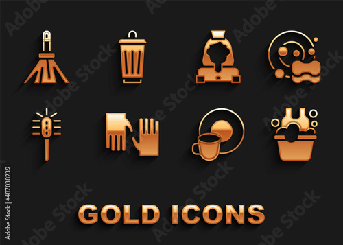 Set Rubber gloves, Washing dishes, Basin with soap suds, Toilet brush, Cleaning lady service, Handle broom and Trash can icon. Vector