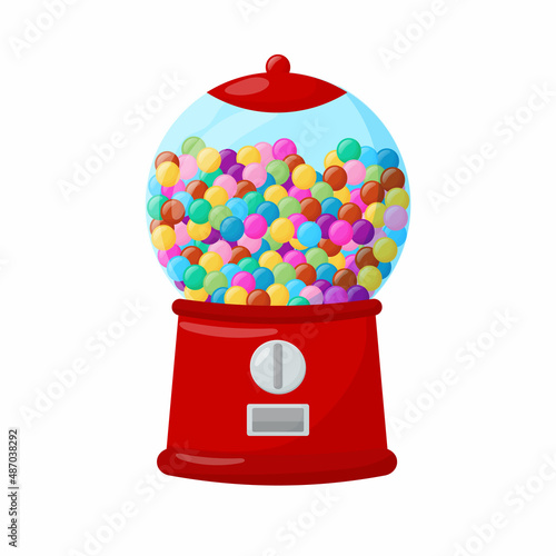 Gumball machine. Transparent round glass candy dispenser with colorful bubble gum. Vector illustration flat icon isolated on white.