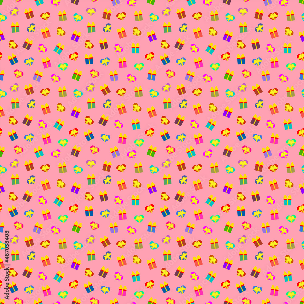 Gifts boxes and hearts with ribbon bow. Vector festive pink background seamless repeating pattern. Editable template. Gifts boxes and hearts with ribbon bow. Vector festive pink background seamless repeating pattern. Editable template.