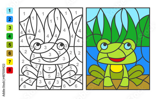 Color by numbers green frog. Puzzle game for children education, colors for drawing and learning mathematics