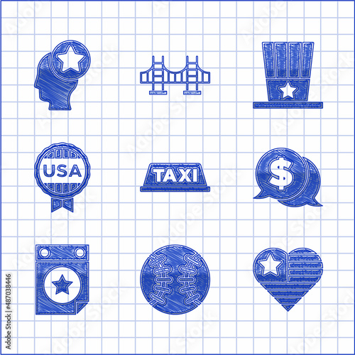 Set Taxi car roof, Baseball ball, USA Independence day, Coin money with dollar, Calendar date July 4, Medal star, Patriotic American top hat and Head icon. Vector
