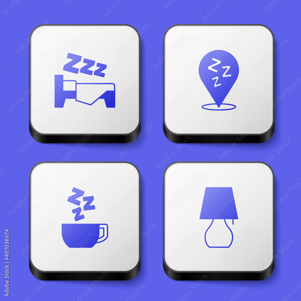 Set Time to sleep, Sleepy, Chamomile tea and Table lamp icon. White square button. Vector Set Time to sleep, Sleepy, Chamomile tea and Table lamp icon. White square button. Vector