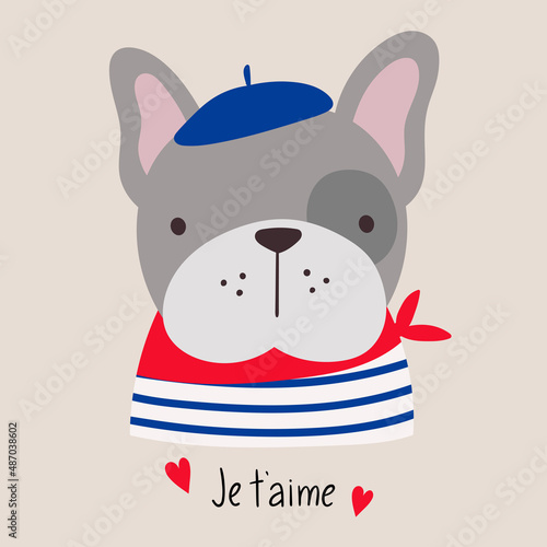 Dog love paris. French style dog. Vector illustration cartoon dog dressed in French style in beret. Good for posters, t shirts, postcards.