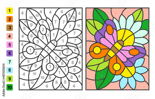Color by numbers insect butterfly on a flower. Puzzle game for children education, colors for drawing and learning mathematics