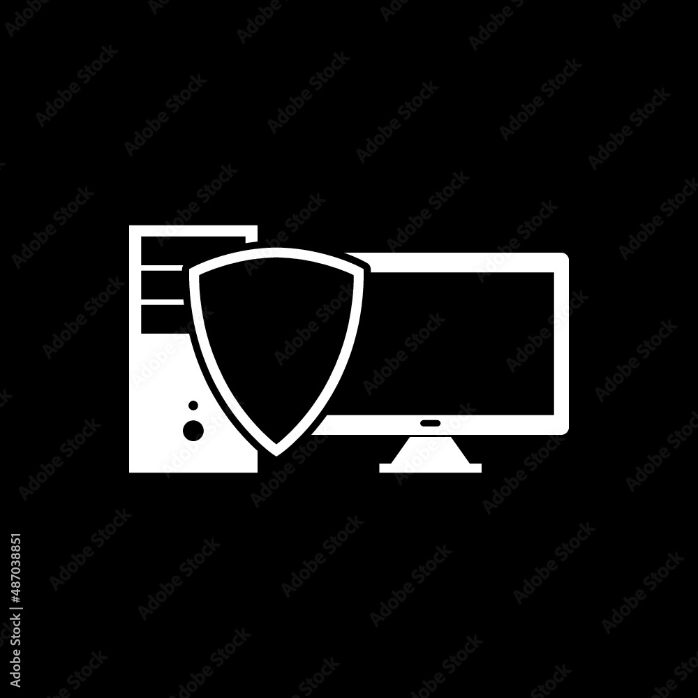 Computer under protection icon isolated on dark background