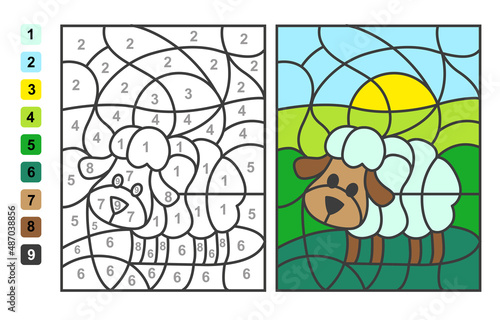 Color by numbers sheep in the meadow. Puzzle game for children education, colors for drawing and learning mathematics
