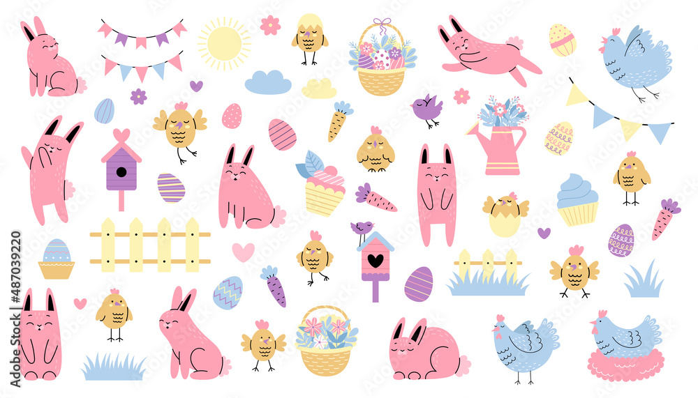 Big Easter set with festive elements. Easter decorated eggs, rabbit, bunny, hens, flowers, birdhouse, flower basket.Hand drawn vector cute illustration Big Easter set with festive elements. Easter decorated eggs, rabbit, bunny, hens, flowers, birdhouse, flower basket.Hand drawn vector cute illustration