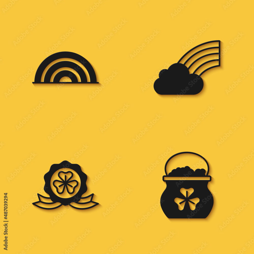 Set Rainbow, Pot of gold coins, Medal with clover and cloud icon with long shadow. Vector Set Rainbow, Pot of gold coins, Medal with clover and cloud icon with long shadow. Vector