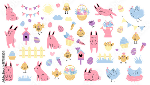 Big Easter set with festive elements. Easter decorated eggs, rabbit, bunny, hens, flowers, birdhouse, flower basket.Hand drawn vector cute illustration